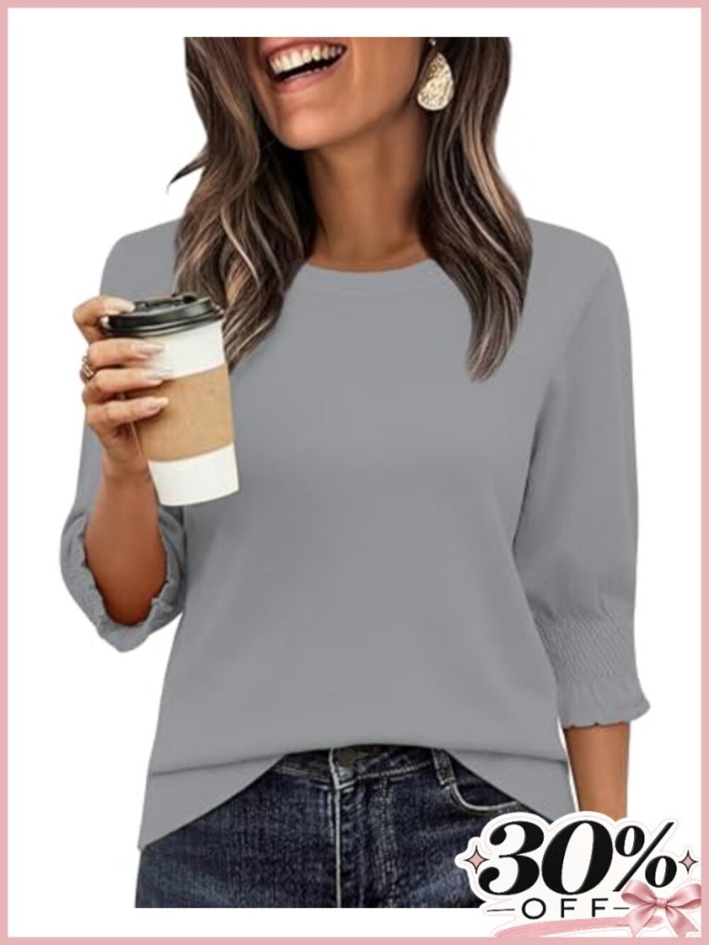 Women's 3/4 Sleeve Crew Neck Lightweight Knit Sweater Top